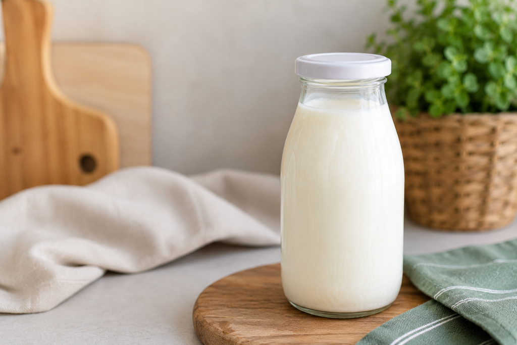 Melkkefir bewaren in glazen fles in de koelkast voor langere versheid en optimale fermentatie