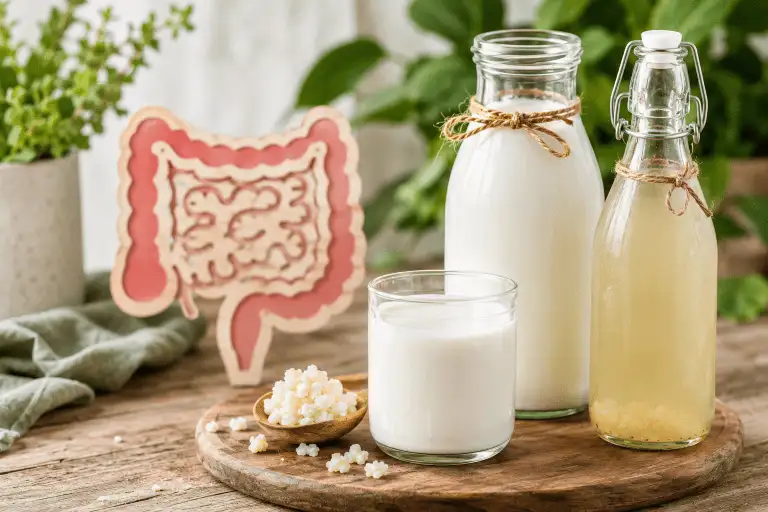 Glazen flesjes met melkkefir en waterkefir op een houten tafel met kefirkorrels en een illustratie van de darmflora op de achtergrond. Natuurlijk en gezond fermentatieconcept.