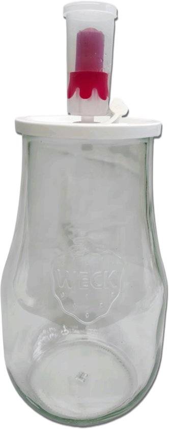 Glazen fermentatiepot van 2,7 liter met kunststof deksel en driedelig waterslot, geschikt voor het maken van kefir, kombucha en andere gefermenteerde producten.