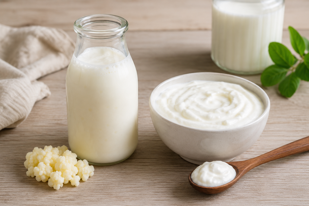 Kefir vs yoghurt vergelijking met melkkefir, yoghurt, kefirkorrels en gefermenteerde zuivelproducten op houten tafel