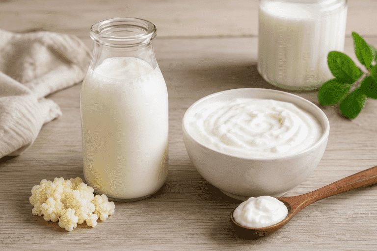 Kefir vs yoghurt vergelijking met melkkefir, yoghurt, kefirkorrels en gefermenteerde zuivelproducten op houten tafel