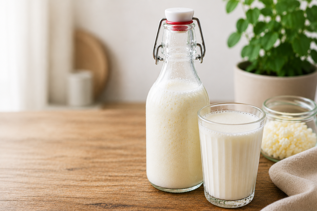 Fles en glas met licht bruisende melkkefir op een houten tafel met de tekst “Melkkefir licht bruisend maken” in een lichte keukenomgeving.