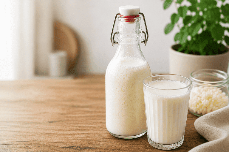 Fles en glas met licht bruisende melkkefir op een houten tafel met de tekst “Melkkefir licht bruisend maken” in een lichte keukenomgeving.