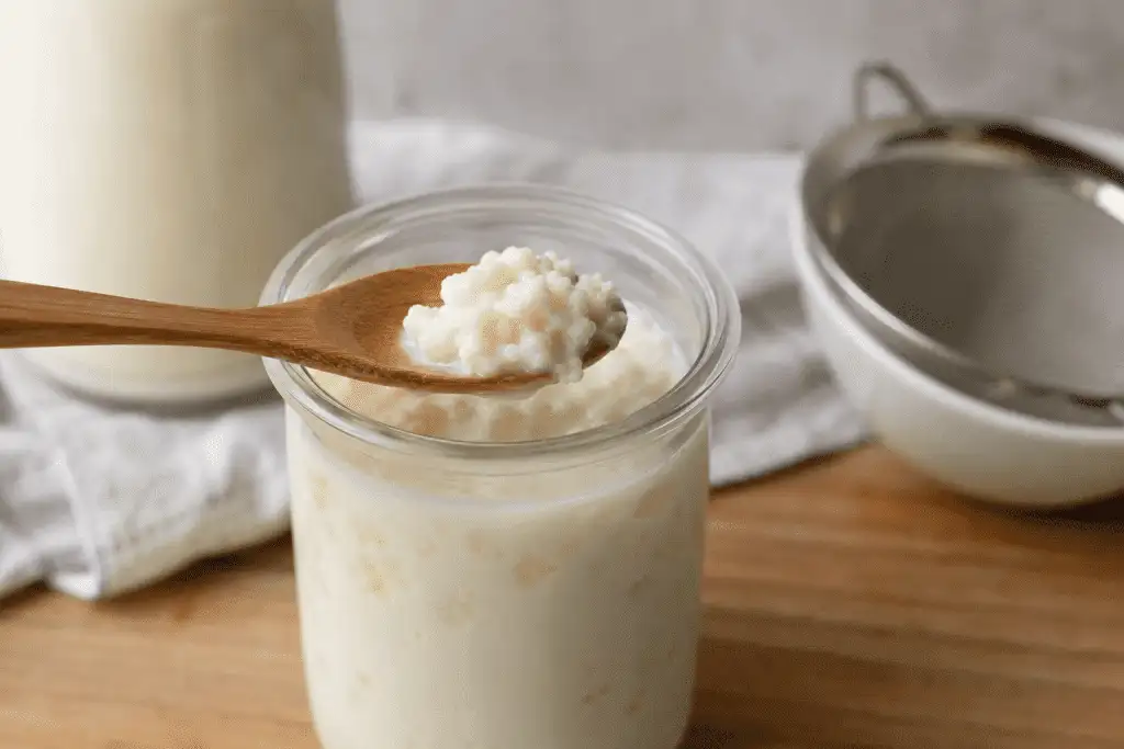 Glazen pot met zelfgemaakte melkkefir en kefirkorrels op een houten lepel in een keuken