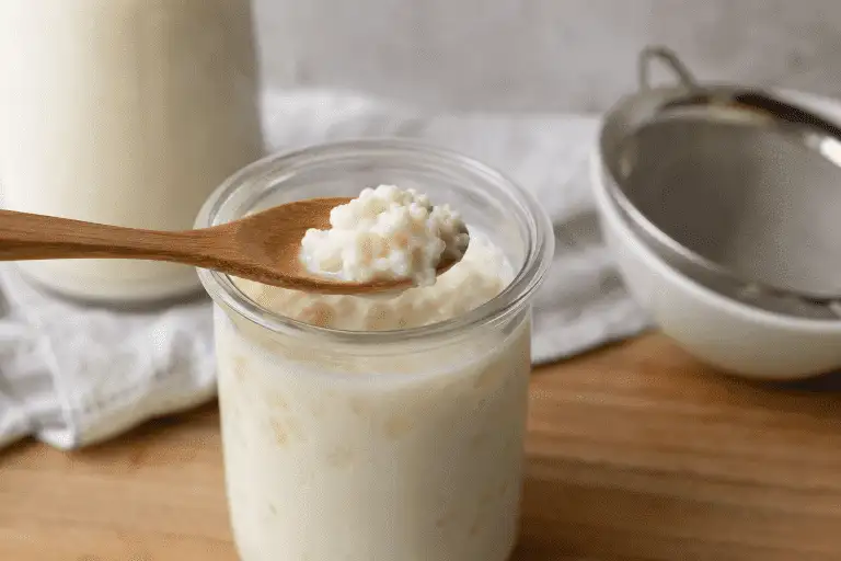 Glazen pot met zelfgemaakte melkkefir en kefirkorrels op een houten lepel in een keuken
