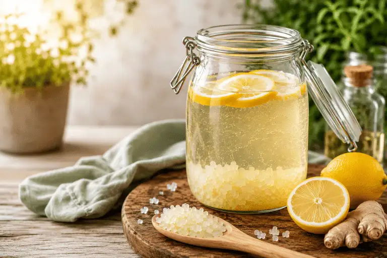 Glazen pot met zelfgemaakte waterkefir op een houten plank, met citroen, gember en waterkefir korrels in een lichte landelijke keuken.