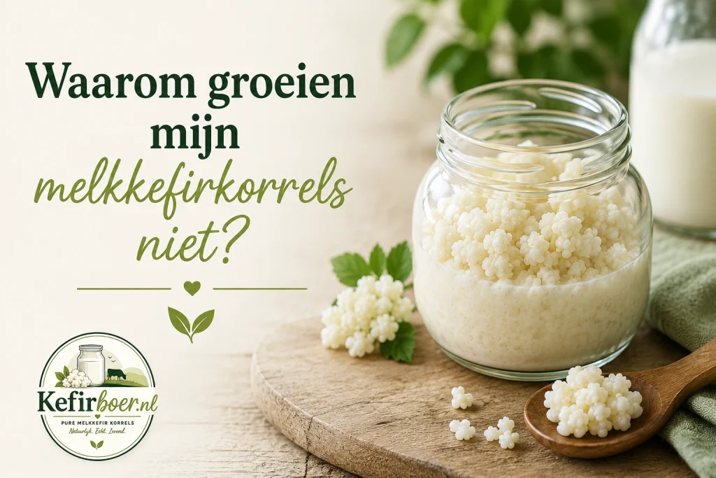 Waarom groeien mijn melkkefirkorrels niet? Verse melkkefirkorrels in een glazen pot van Kefirboer.nl.