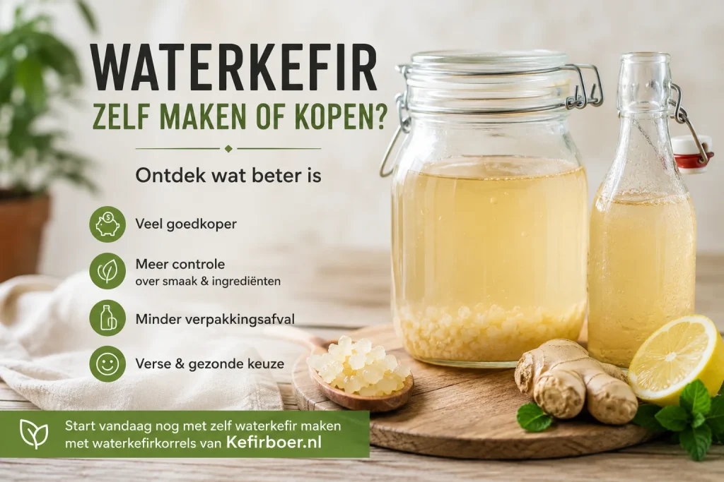 Waterkefir zelf maken of kopen – verse waterkefir met waterkefirkorrels, citroen en gember.