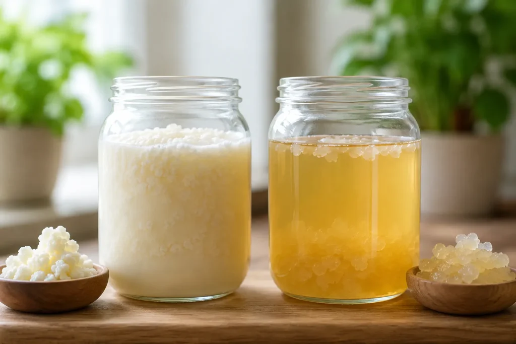 Glazen pot met romige melkkefir naast een glazen pot met goudgele waterkefir op een houten tafel, met kefirkorrels in kleine houten schaaltjes en een lichte, natuurlijke keukenachtergrond.