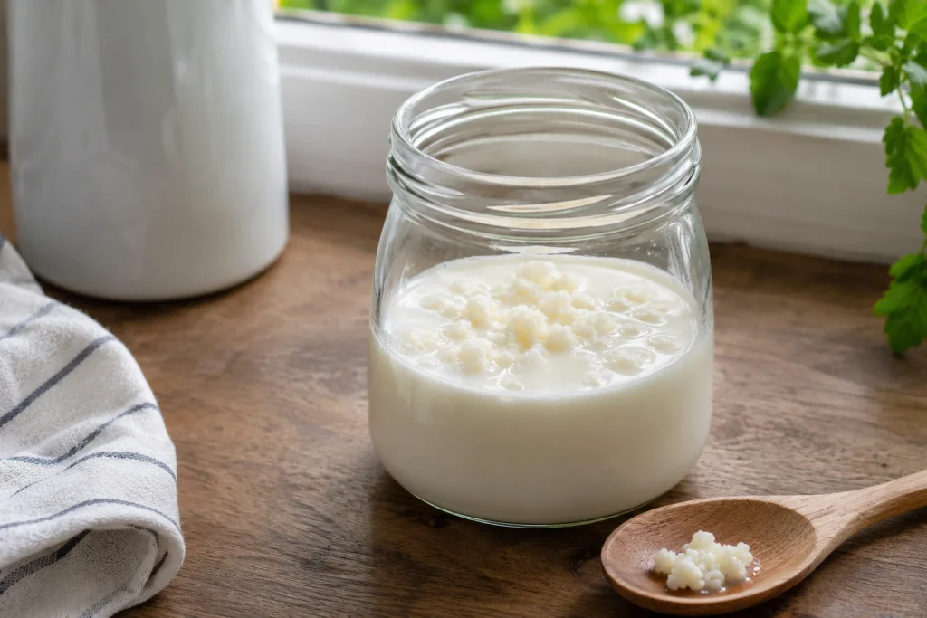 Melkkefirkorrels fermenteren in een glazen pot met verse melk op een houten tafel bij daglicht.