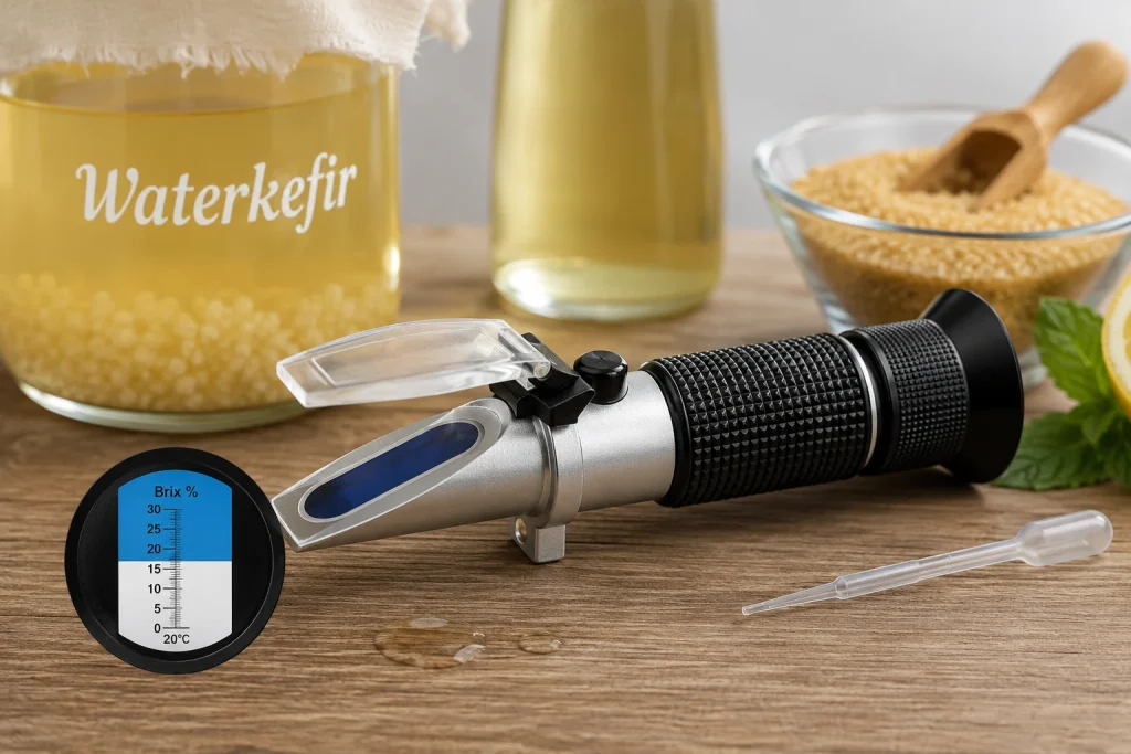 Refractometer 0–32 Brix voor het nauwkeurig meten van het suikergehalte in waterkefir, met een pipet, suiker en een pot zelfgemaakte waterkefir op een houten ondergrond.