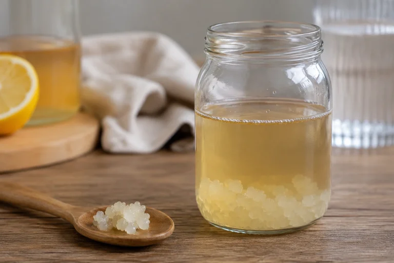 Waterkefirkorrels fermenteren in een glazen pot met suikerwater op een houten tafel bij natuurlijk daglicht.