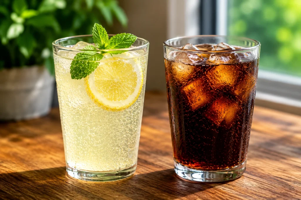 Glas zelfgemaakte waterkefir met citroen en munt naast een glas frisdrank als natuurlijk alternatief voor suikerhoudende frisdranken.