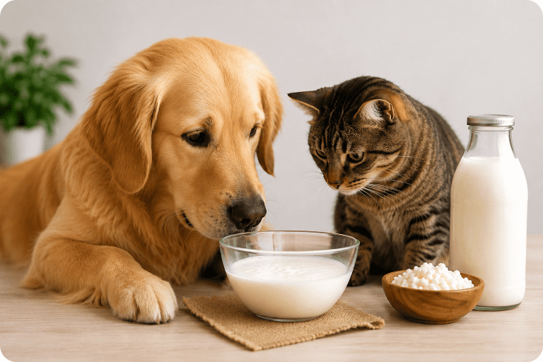 Hond en kat bij een schaaltje melkkefir en verse melkkefirkorrels