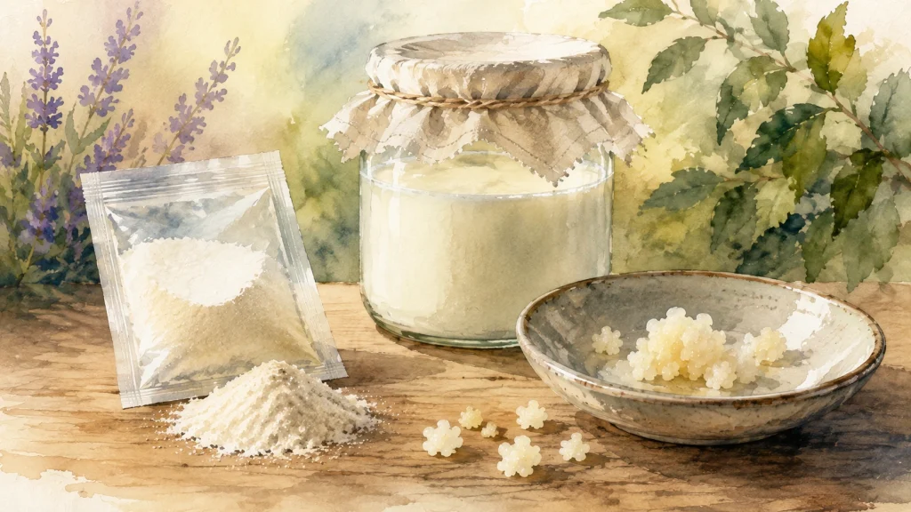 Aquarelillustratie van een zakje kefirferment naast een schaaltje met levende melkkefirkorrels en een glazen pot met verse kefir op een houten tafel.