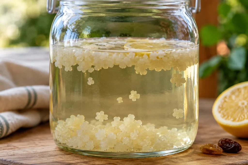 Waterkefir korrels die tijdens de fermentatie deels drijven en deels op de bodem van een glazen weckpot liggen met een schijfje citroen.