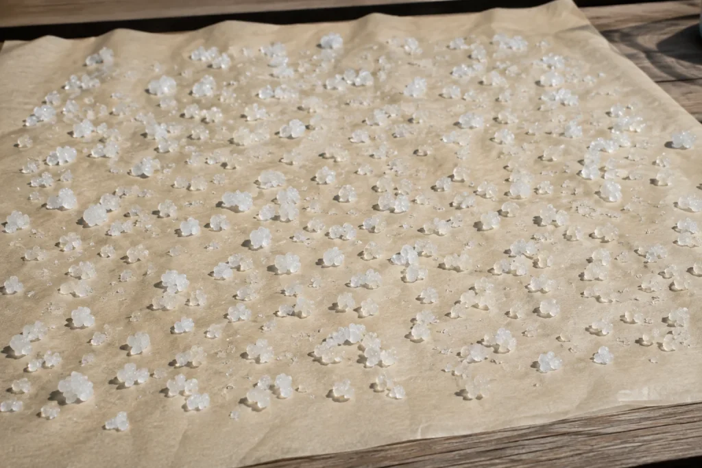 Waterkefirkorrels uitgespreid op bakpapier om te drogen