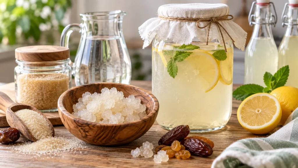Waterkefir verhouding met waterkefirkorrels, water, suiker en citroen