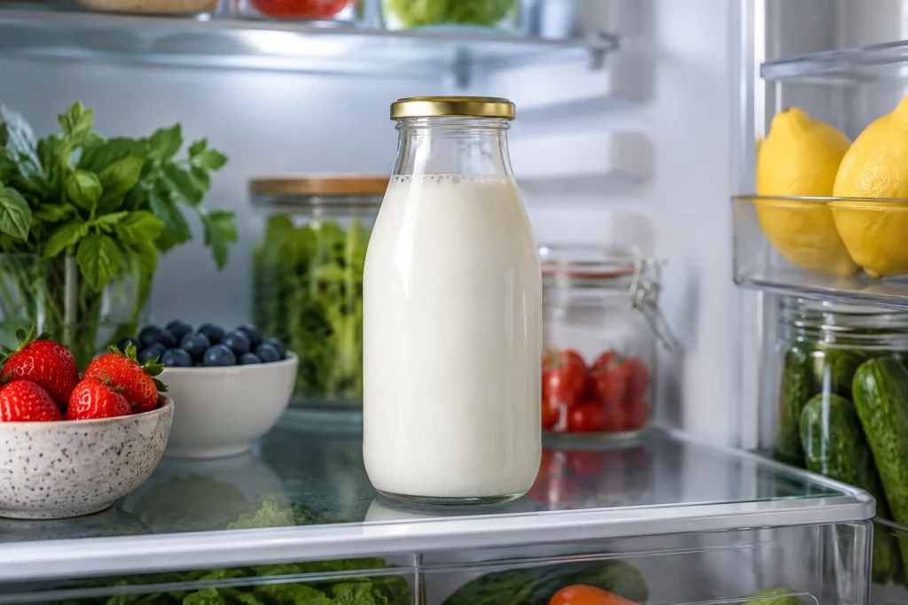 Zelfgemaakte melkkefir in een glazen fles bewaard in de koelkast