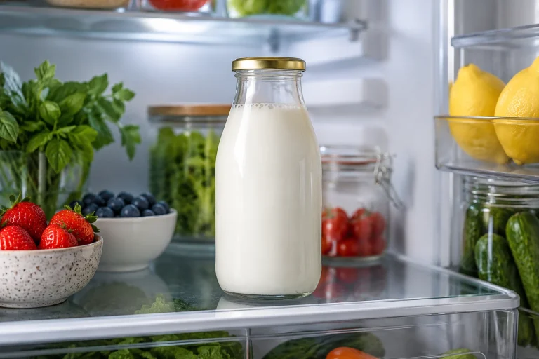 Zelfgemaakte melkkefir in een glazen fles bewaard in de koelkast