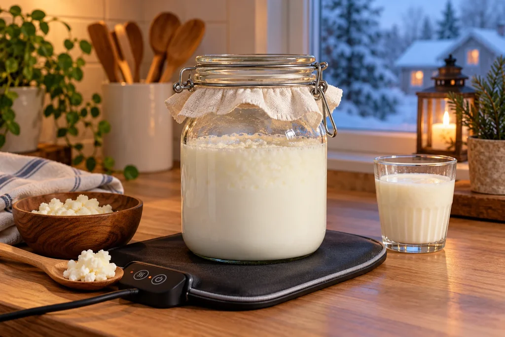 Melkkefir fermenteren in de winter met een warmtemat bij temperaturen onder 18 graden.
