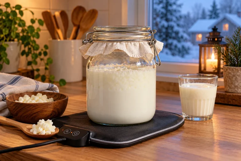 Melkkefir fermenteren in de winter met een warmtemat bij temperaturen onder 18 graden.